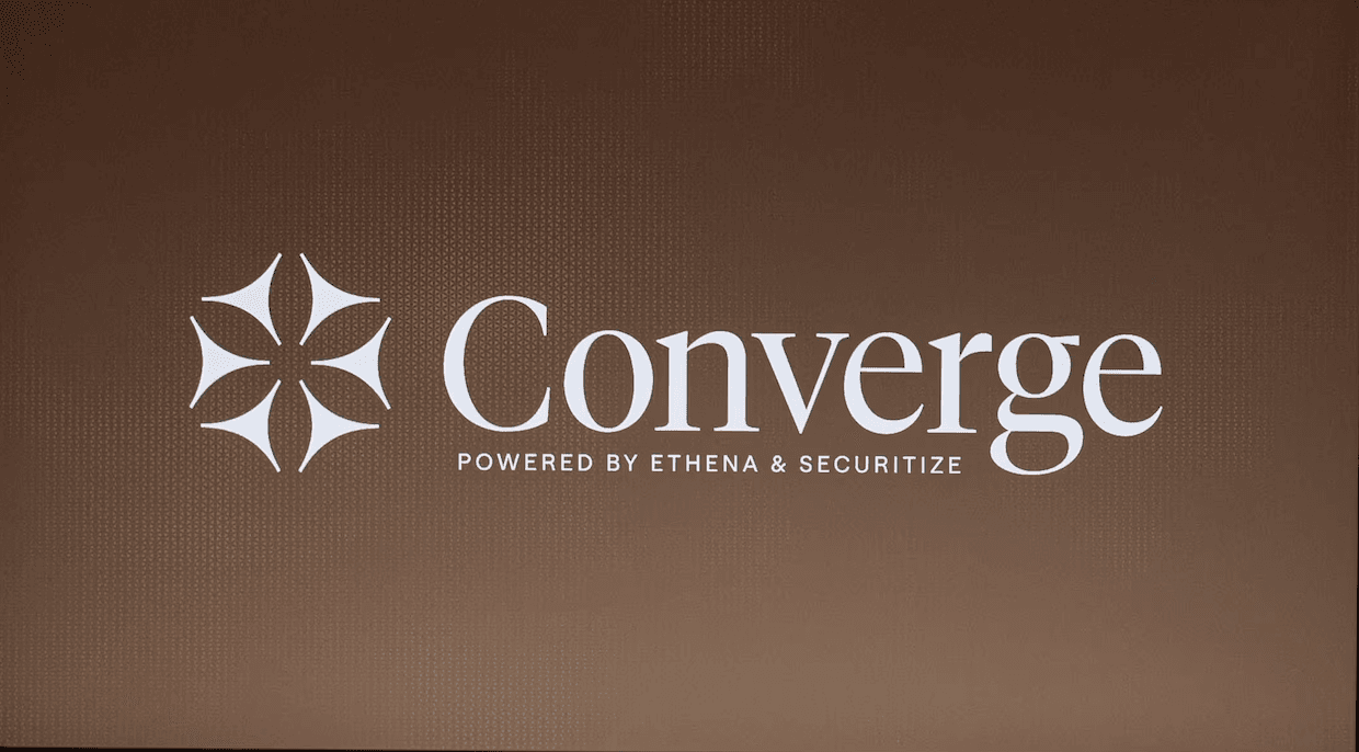 Converge by Ethena and Securitize, featuring a modern digital design with elements that emphasize innovation in tokenization