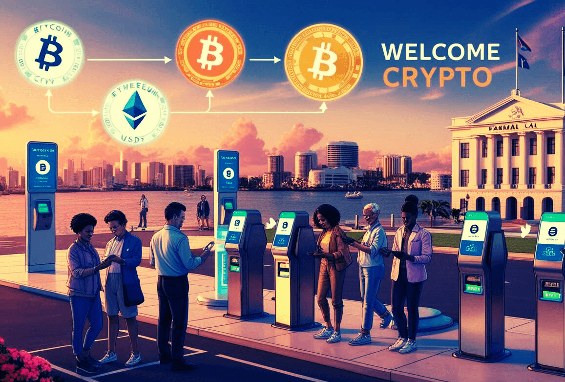 Panama City skyline with Bitcoin and Ether symbols, illustrating crypto payments acceptance for public services at the Panama Bay.