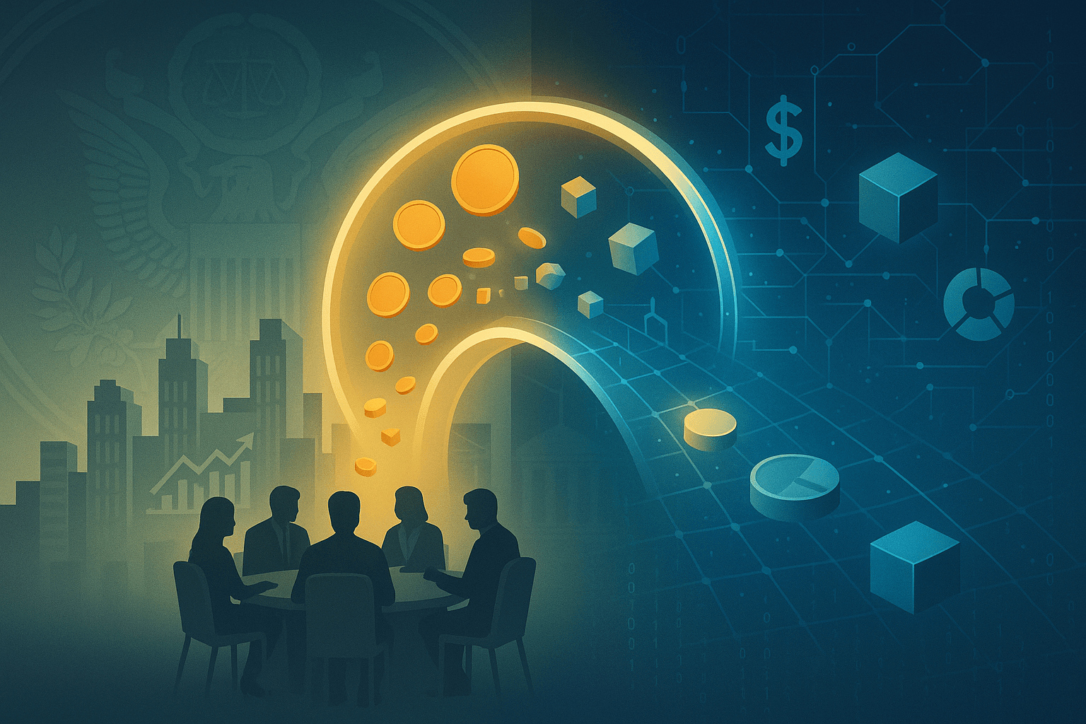 SEC to host a roundtable on tokenization with silhouettes of regulators and industry experts in discussion.